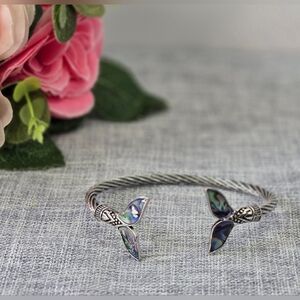 Twisted Cable Abalone Mermaid Tail Open Bangle Bracelet Silver Tone